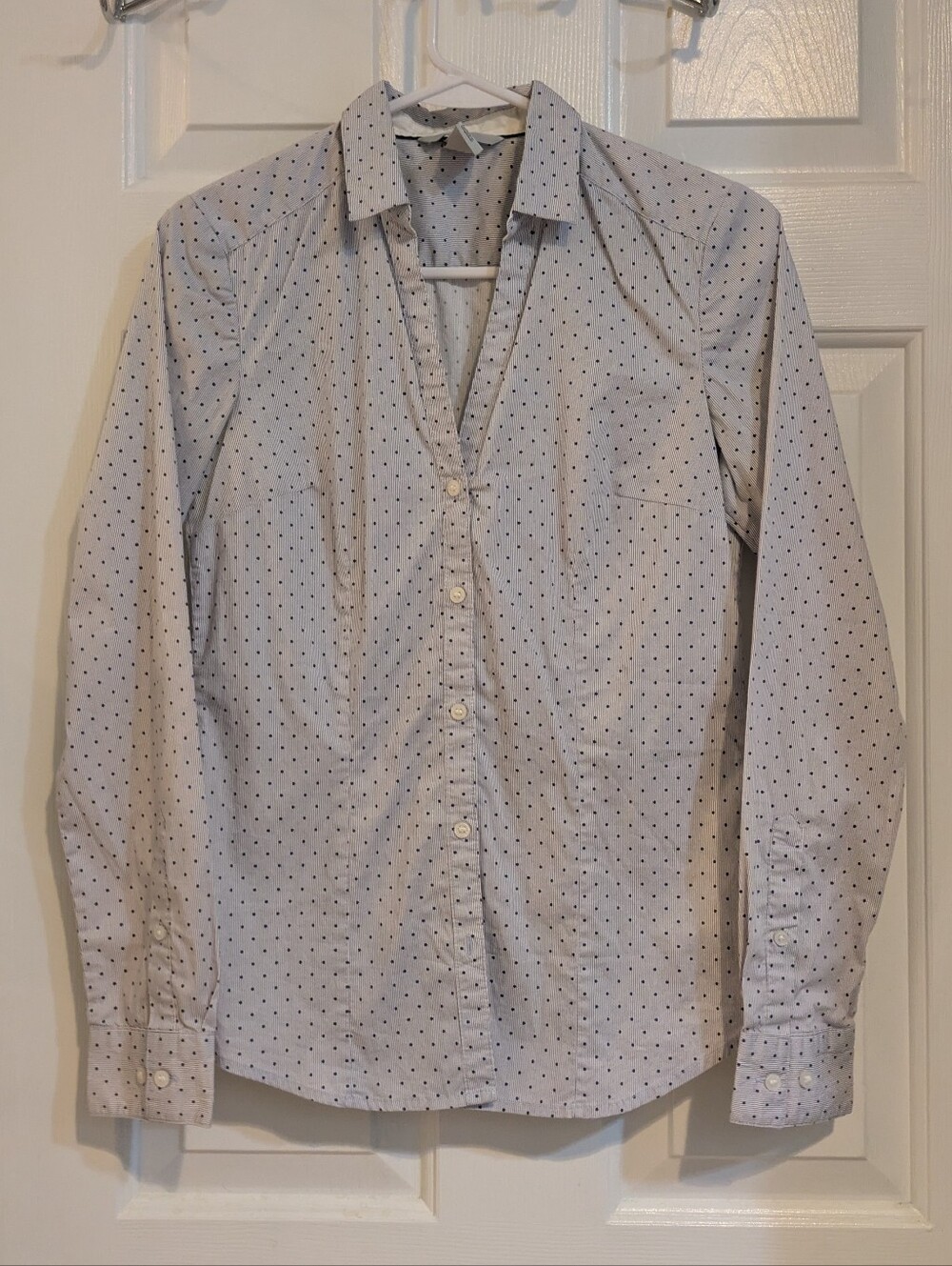 H&M White Button-Up Shirt with Navy Micro Dots